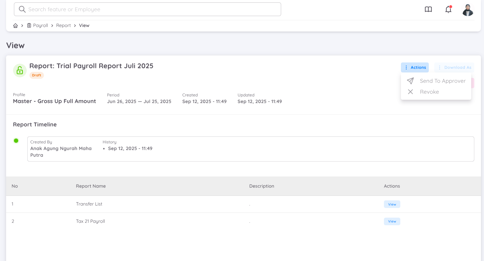 View of the Payroll Report History