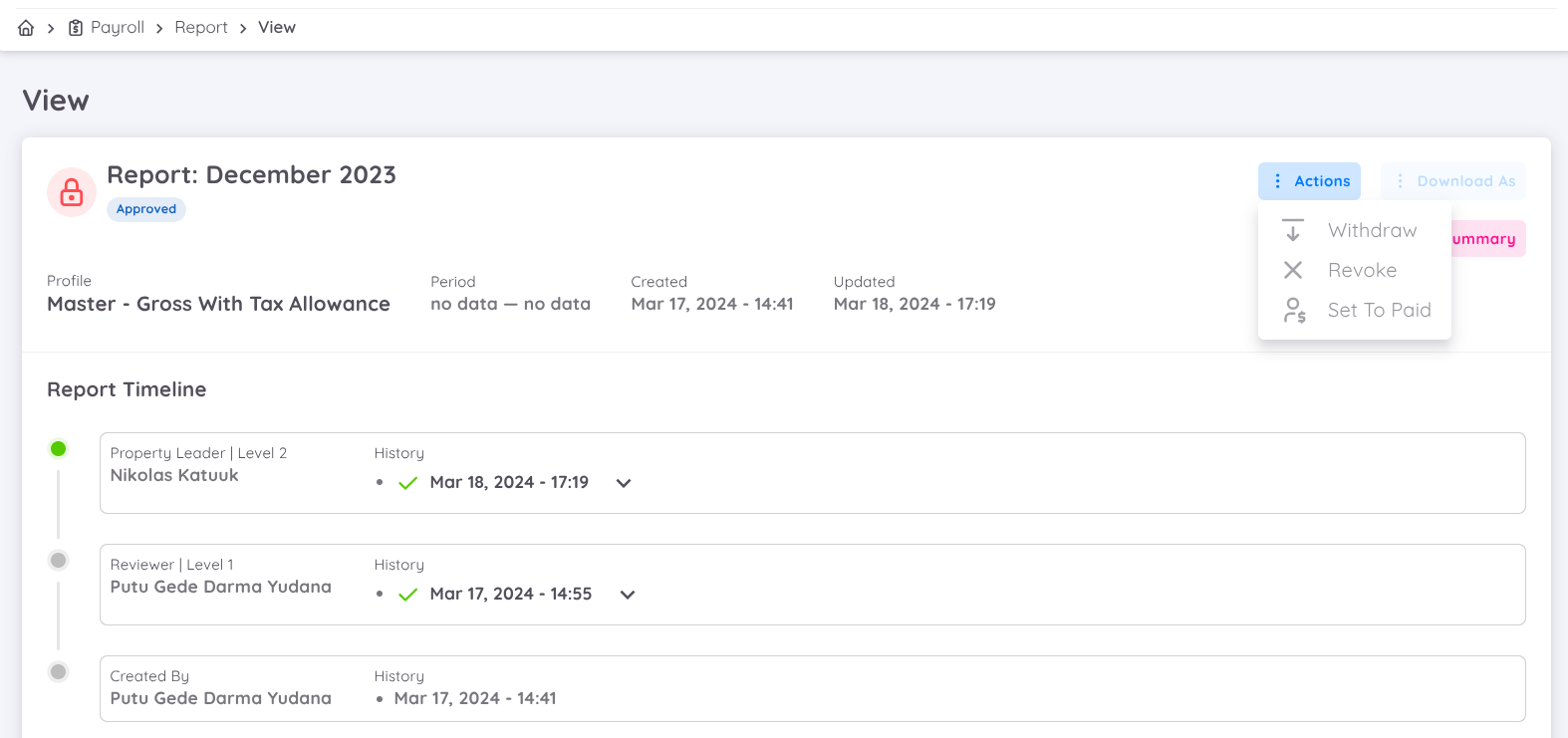 View of Set to Paid Action