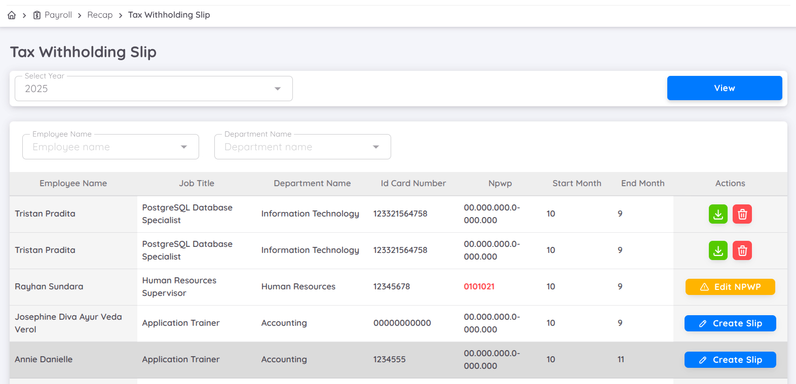 View of Tax Witholding Slip List