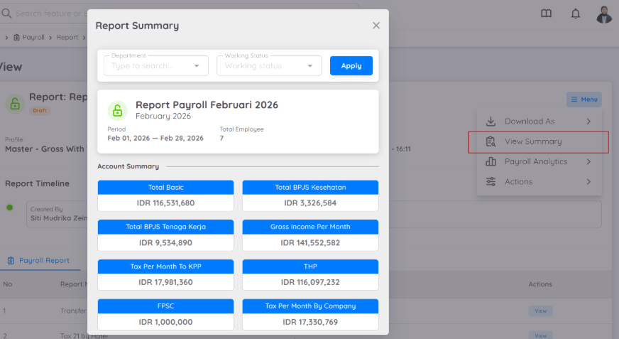 Tampilan Ringkasan Payroll