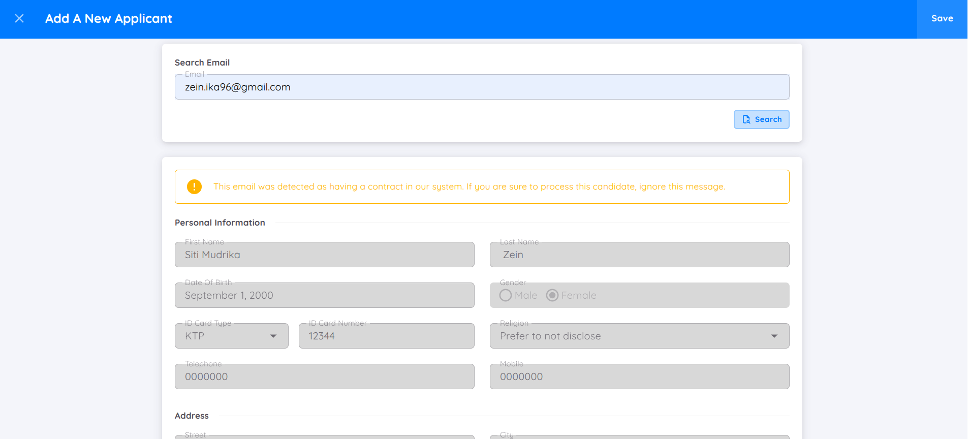 Tampilan dari Add New Candidate