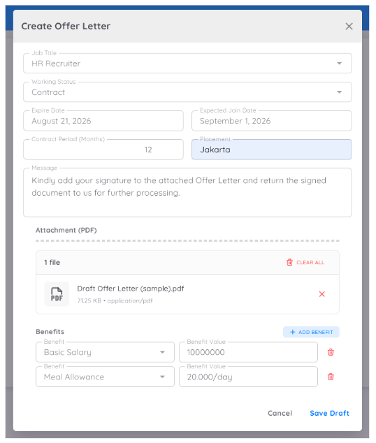 Tampilan Form Create Offer Letter