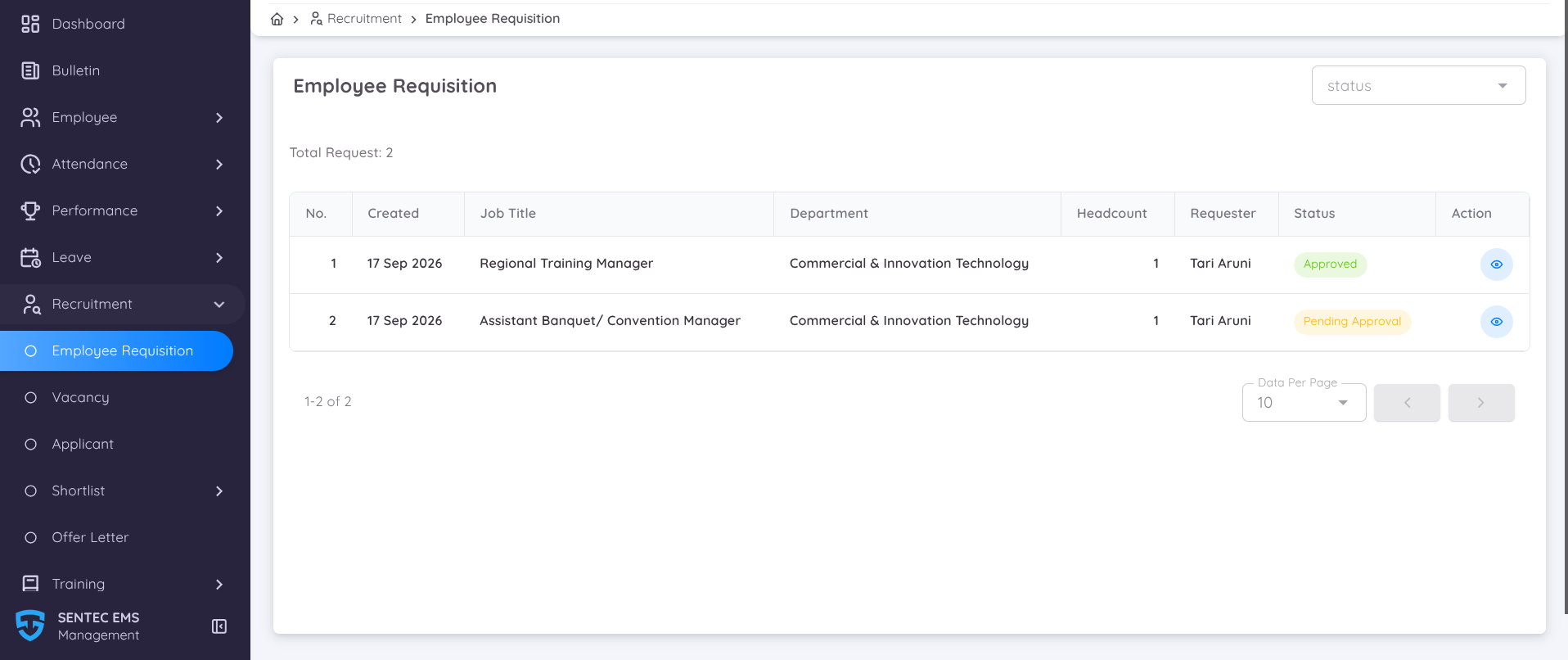 Tampilan Employee Requisition