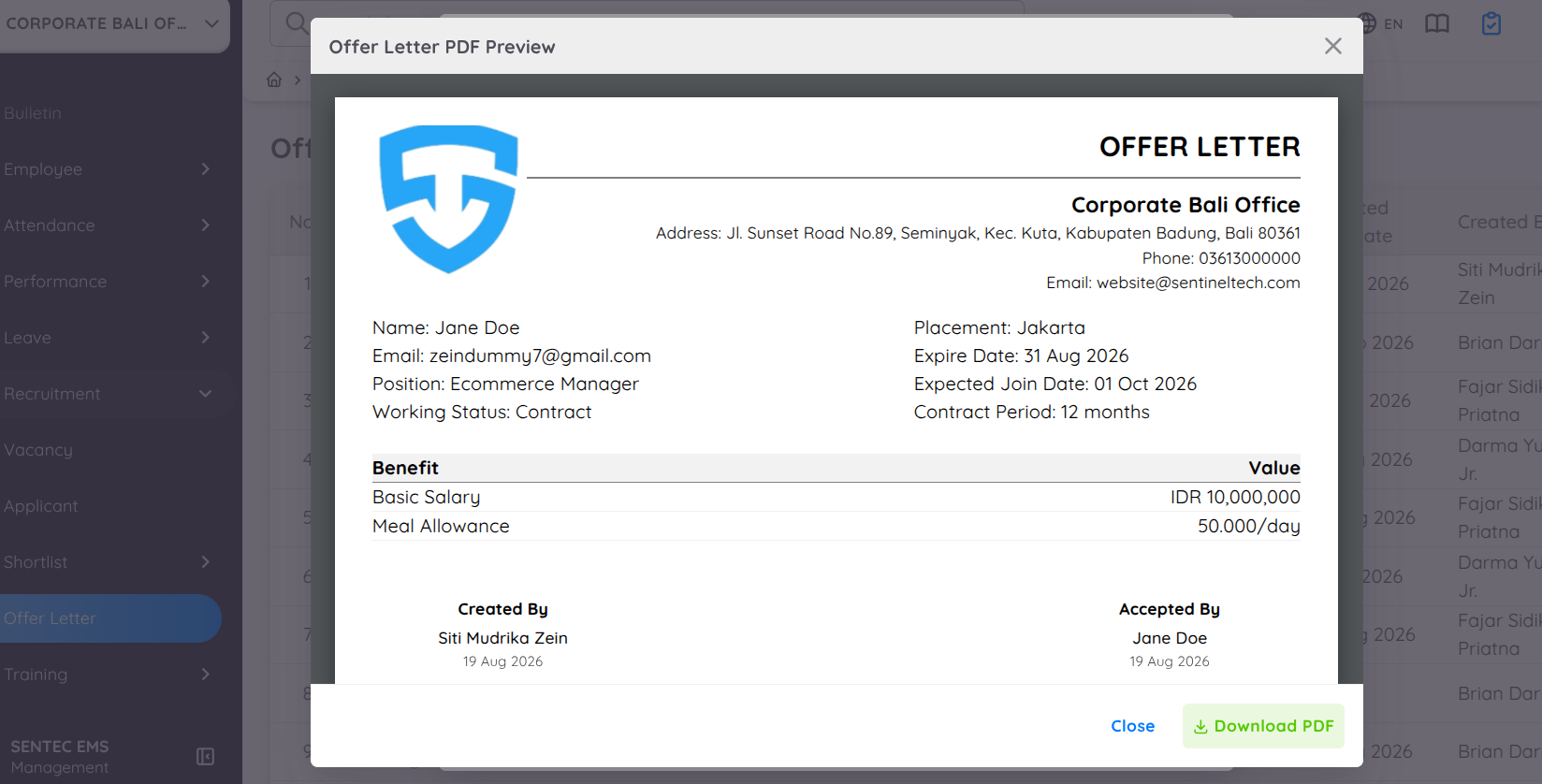 Preview Offer Letter yang Diterima
