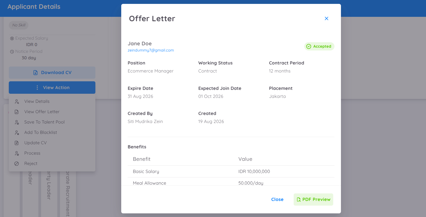 Tampilan Offer Letter yang Diterima