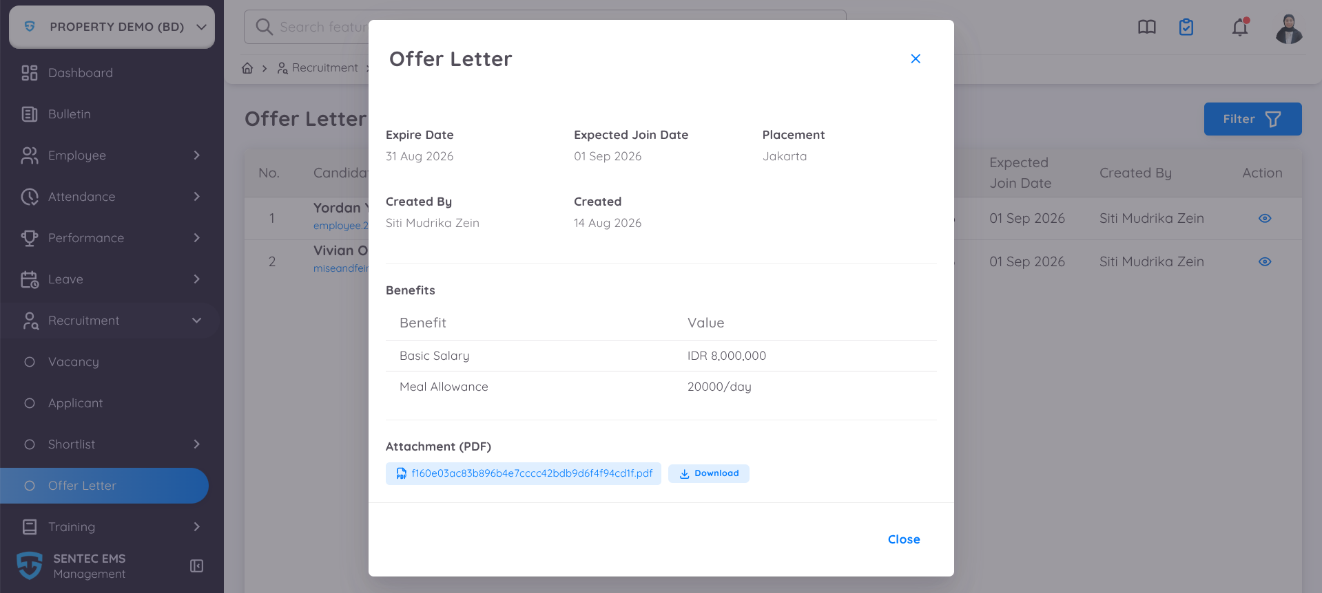 Tampilan Detail Offer Letter yang Telah Dikirim