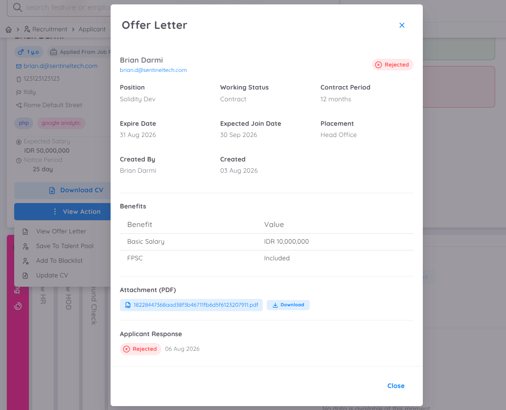 Tampilan Offer Letter yang Ditolak