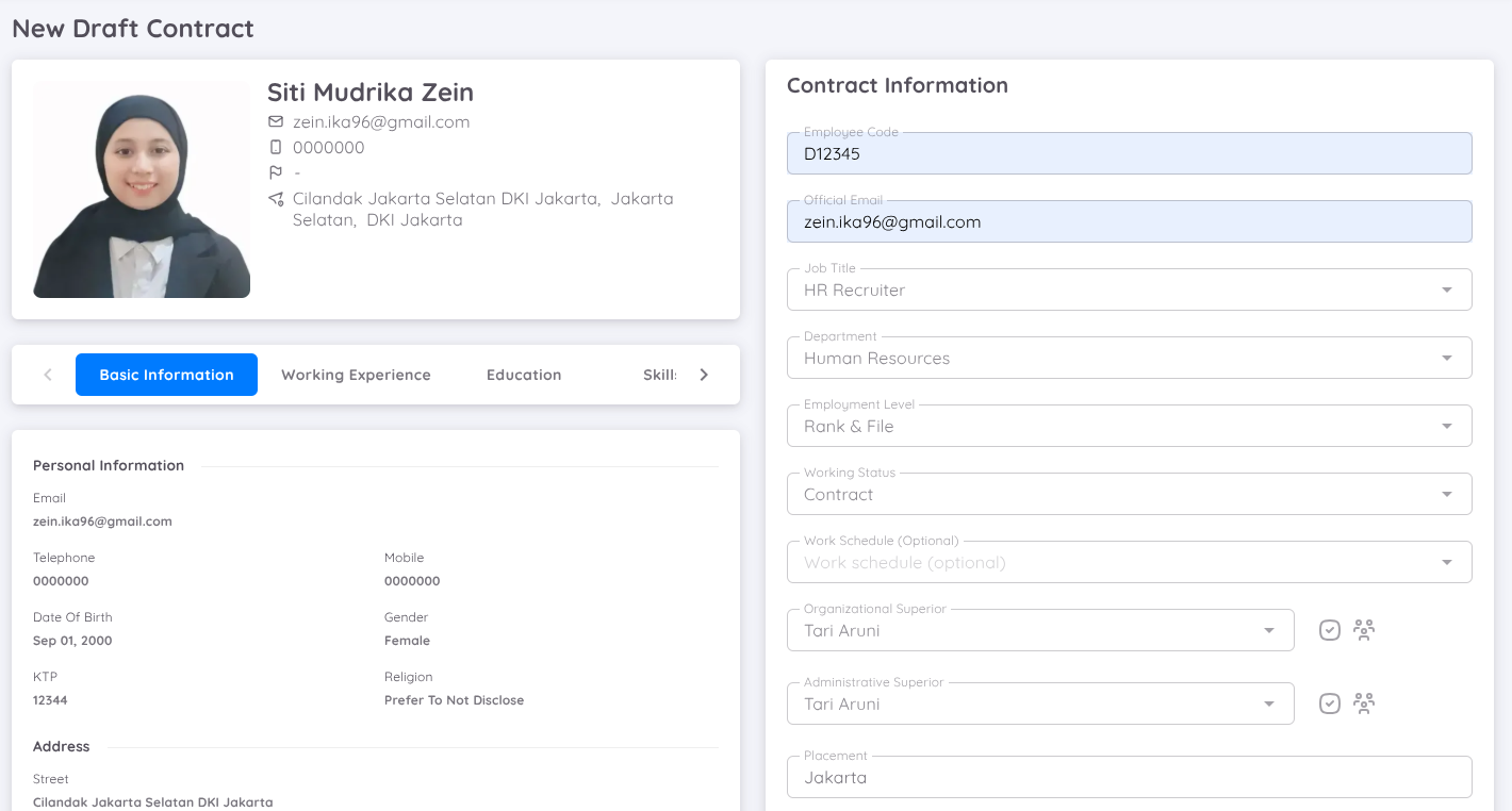 Tampilan dari Detail Kontrak Draft