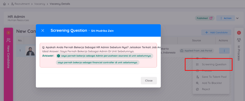 Tampilan Jawaban Screening Question