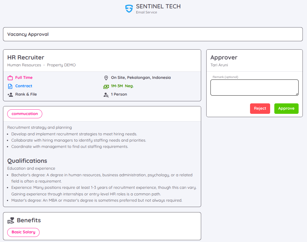 Tampilan dari Approval Vacancy