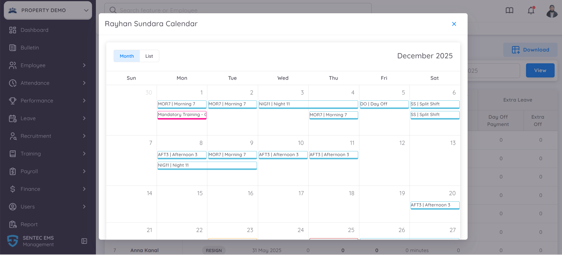 View of Resigned Employee Calendar Report