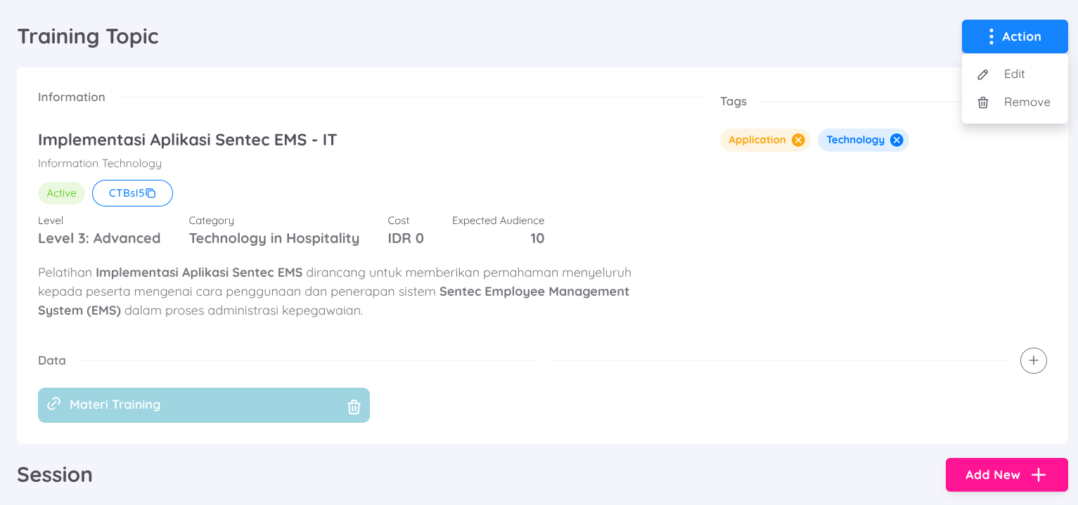 View of Creating New Training Topic