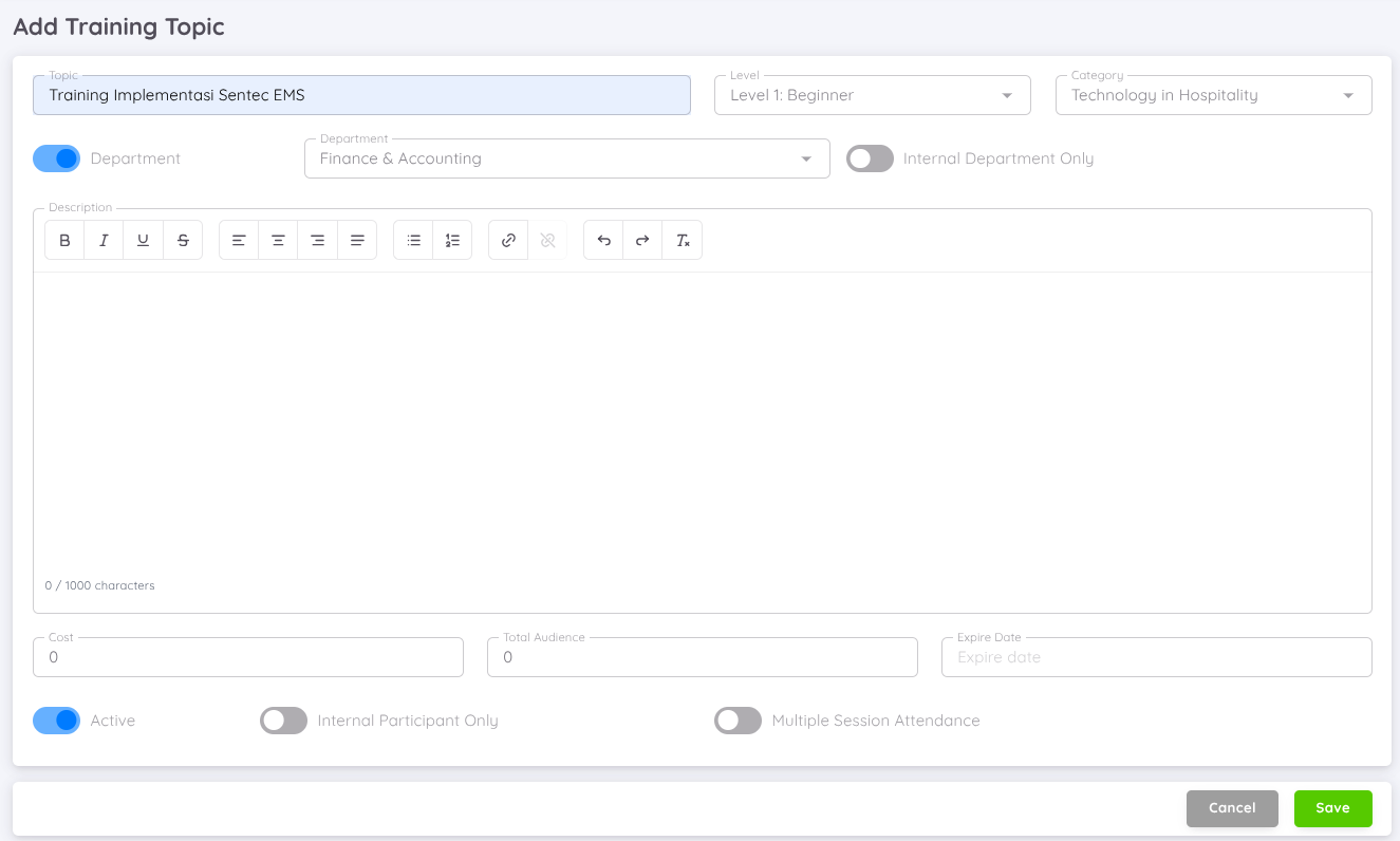 View of Creating New Training Topic
