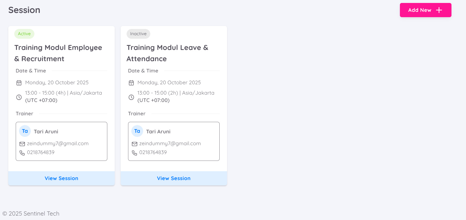 View Training Session List